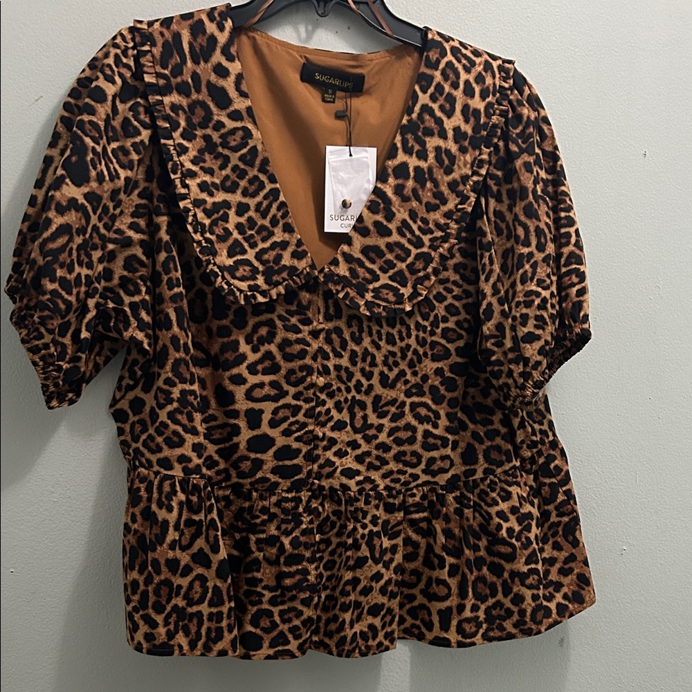 Sugarlips Leopard Print Peplum Blouse - Tan/Black